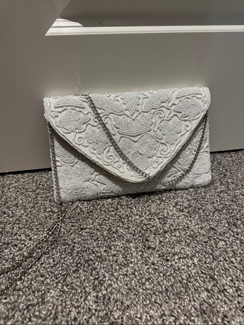 Lulus White Beaded Envelope Clutch with Chain Strap